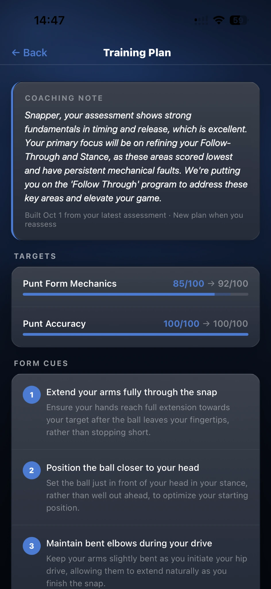 SpecIQ personalized training plan with coaching note, targets, and form cues